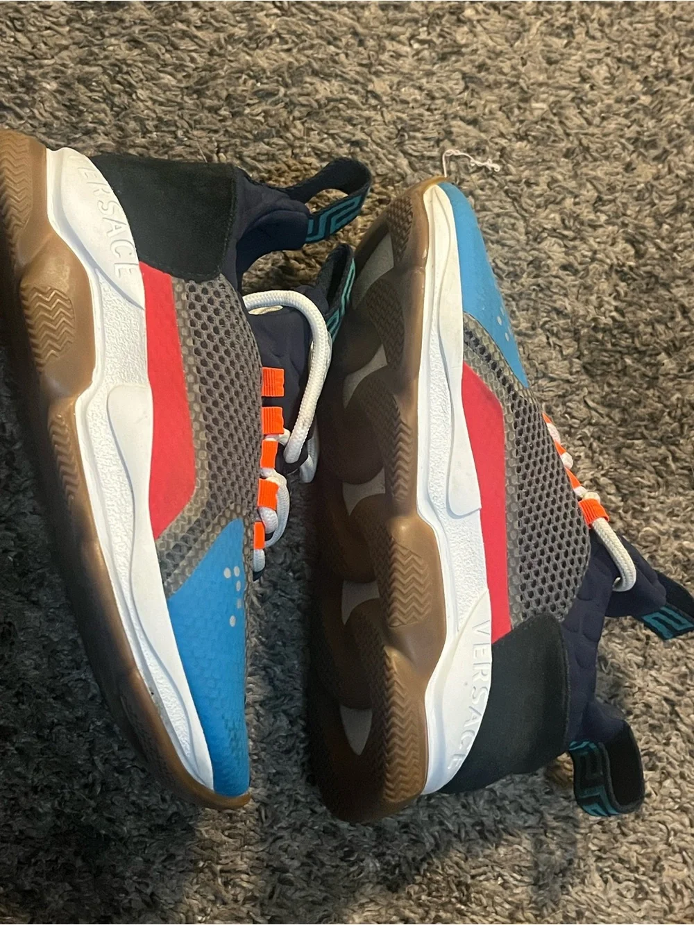 Versace Men’s Chain Reaction Sneakers in Blue, Gray & Red with Teal Accents